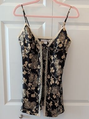 Victoria's Secret Black and Cream Floral Satin Camisole with Lace Trim